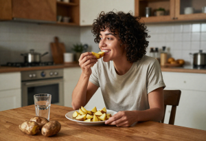 Person enjoying a baked potato at home, representing the health and weight loss benefits of the potato diet.