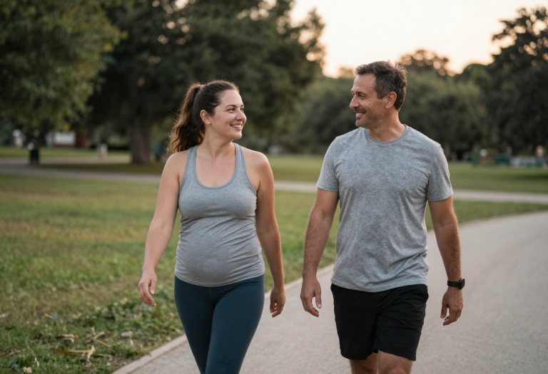 Why am i bloated - Adult walking and socializing outdoors at sunset, enjoying casual evening activity, lifestyle and wellness concept