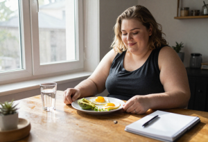“Close-up of a boiled egg cut in half on a plate, showing yolk and white, with a fork beside it, colorful vegetables on the side, representing protein-rich, low-calorie food for fat loss.”