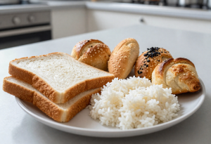 Plate with white bread, white rice, and pastries on a wooden table, illustrating refined carbohydrates that can spike blood sugar