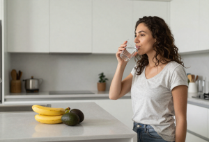 Adult holding a glass of water with banana and avocado on the kitchen counter, illustrating healthy eating and hydration to reduce bloating