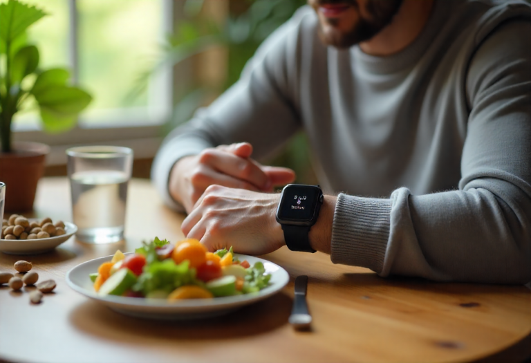 Adult monitoring heart health while eating a heart-healthy meal
