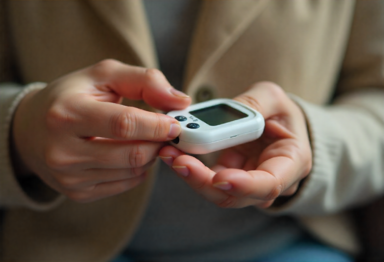 Close-up of a person using a glucometer to check blood sugar on their fingertip, realistic home setting, focus on device and blood sugar monitoring for diabetes management