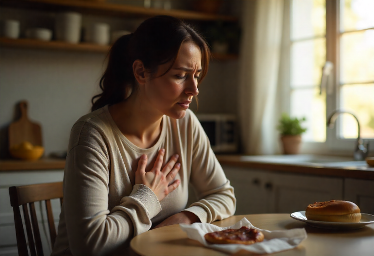 Person holding their stomach in discomfort at a kitchen table, illustrating acid reflux pain and bloating