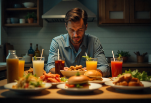 Overwhelmed person with large plates of food and soda, demonstrating diet mistakes that contribute to acid reflux