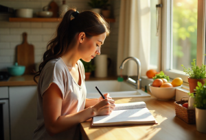 Person tracking meals and symptoms in a journal or calendar, showing patience and progress in managing acid reflux