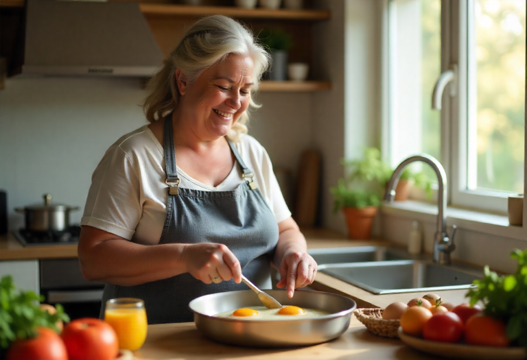 Slightly overweight woman cooking eggs in a modern kitchen, representing healthy breakfast and weight loss over 40