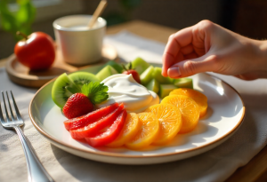 Healthy snack with fruit and yogurt to stabilize blood sugar