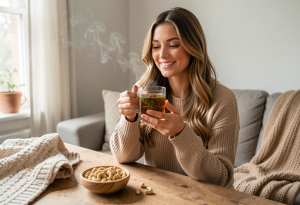 Cup of herbal tea with a handful of nuts, a calming evening snack to support restful sleep.