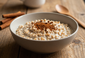 Warm bowl of oatmeal with cinnamon, a sleep-friendly evening snack that promotes relaxation and digestion.