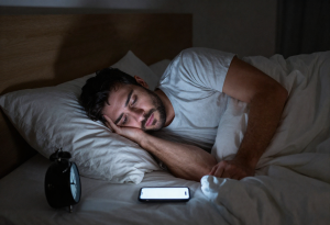 Man lying awake at night, illustrating how poor sleep contributes to belly fat and weight gain