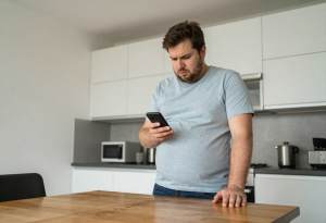 Man looking at his stomach in the mirror, illustrating abdominal weight gain and belly fat in men