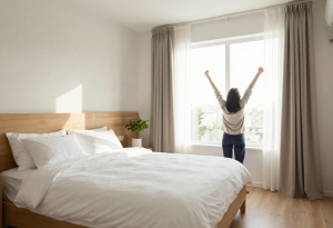 Cozy bedroom with soft natural lighting, neatly made bed, and a person enjoying morning sunlight, representing wellness trends 2026 for improving sleep quality and overall wellbeing