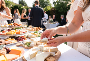 A person adding a small slice of brie to a cracker, demonstrating portion control and healthy snacking.