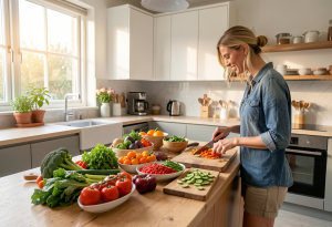 Vibrant kitchen scene with gut-friendly foods like vegetables, whole grains, and fermented products, representing wellness trends 2026 for improving digestion and gut health