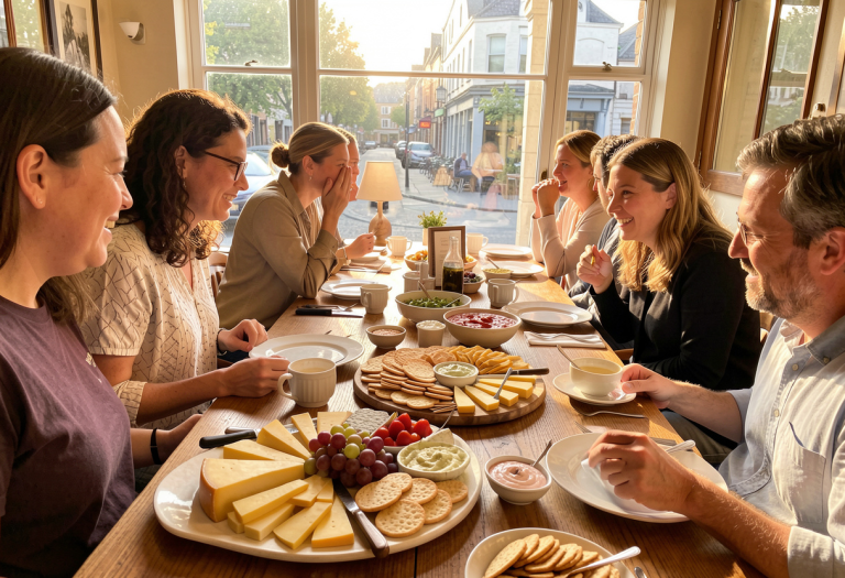 Adults enjoying cheese platters and snacks around a table in a social setting, illustrating portion sizes and indulgent eating.