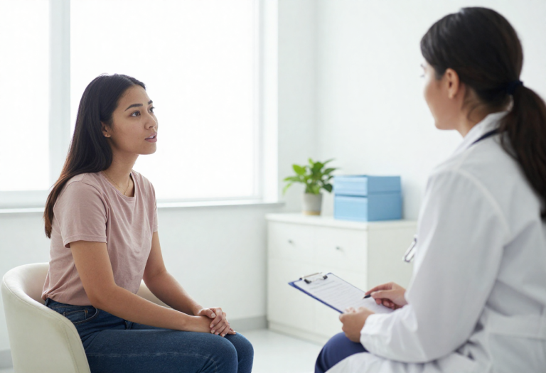 what is PCOS Young woman in her early 20s consulting a doctor in a bright medical office, discussing PCOS and health management.