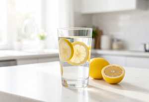Glass of water with lemon slices for hydration during intermittent fasting