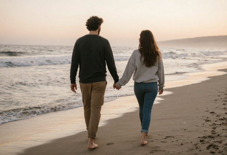 couple walking on the beach at sunrise as part of morning habits to boost energy and focus
