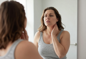 Slightly overweight adult looking tired and thoughtful in front of a bathroom mirror, gently touching the front of their neck, representing thyroid symptoms