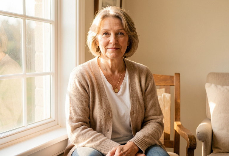 Woman in her late 40s relaxing at home, representing menopause and midlife wellness