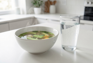 Clear vegetable broth with vegetables, sparkling water, and herbal tea safe for intermittent fasting