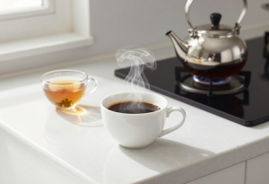 Cup of black coffee and herbal tea for intermittent fasting