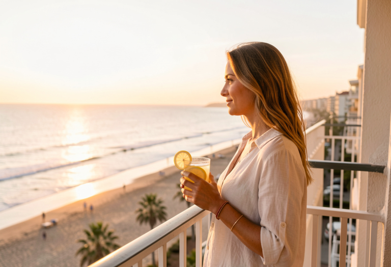 Woman drinking a glass of lemon water on the beach at sunrise for intermittent fasting hydration