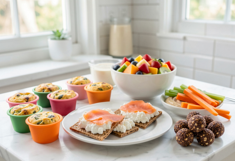 Assorted healthy snacks for menopause including frittata muffins, fruit salad, crispbreads, veggie sticks with hummus, and chocolate oat energy balls on a kitchen counter