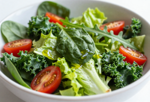 Fresh salad bowl with a variety of leafy greens for anxiety reduction and mood support