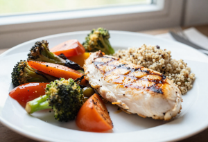 Plate of grilled chicken with roasted vegetables and quinoa to support anxiety reduction and stable energy