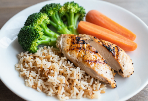 Balanced meal with brown rice, grilled chicken, and steamed vegetables to support healthy glucose levels