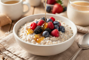 Bowl of oatmeal with berries and chia seeds to support anxiety reduction and steady energy