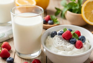 Glass of kefir and bowl of Greek yogurt with berries and chia seeds for anxiety reduction and gut health