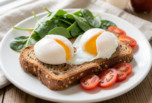 Poached eggs on whole-grain toast with leafy greens and cherry tomatoes for anxiety-reducing nutrition