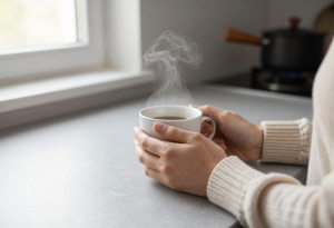 Person drinking coffee, illustrating its effect on cortisol