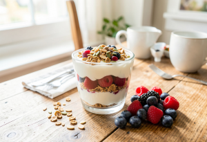 Glass of Greek yogurt layered with granola and fresh berries, topped with nuts, a colorful nutritious whole foods breakfast