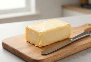 Block of butter on a cutting board with a knife.