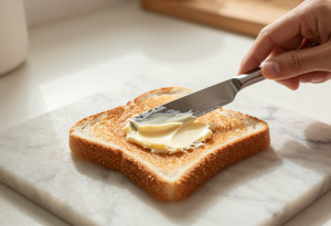 Person spreading butter or margarine on toast.