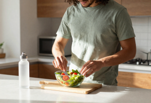 Person preparing a healthy meal and drinking water to support kidney function.