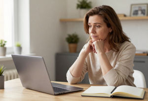 natural ways to reduce night sweats - Woman researching menopause night sweats and remedies online