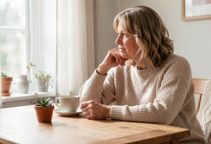 Midlife woman sitting at a table with tea, reflecting on menopause and midlife wellness
