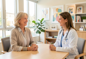 Midlife woman consulting a doctor, representing menopause health guidance and wellness