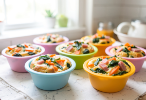 Mini frittata muffins in silicone muffin cups with vegetables and lean ham