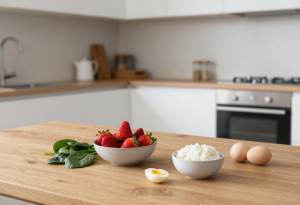Low FODMAP foods on a kitchen table including rice, eggs, spinach and strawberries