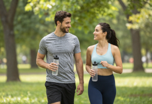 what do kidneys do - Healthy couple walking outdoors with water bottles, supporting kidney function through active lifestyle.