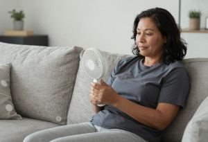Midlife woman on a couch using a fan, experiencing menopause hot flashes