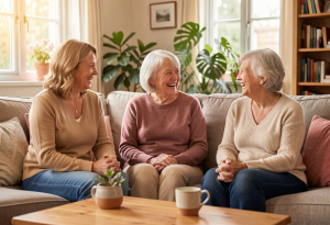 Three women of different ages sitting together, representing perimenopause, menopause, and post-menopause stages