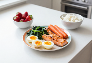 Low FODMAP foods including grilled salmon, eggs, spinach, carrots, strawberries, and rice for IBS-friendly meals
