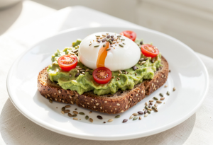 Slice of whole-grain toast topped with mashed avocado and a poached egg, served with cherry tomatoes and seeds, a nutritious whole foods breakfast